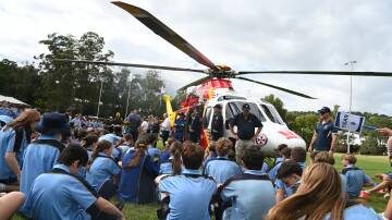 Westpac Rescue Helicopter crew talk to Trinity Catholic College students. Picture by Cathy Adams