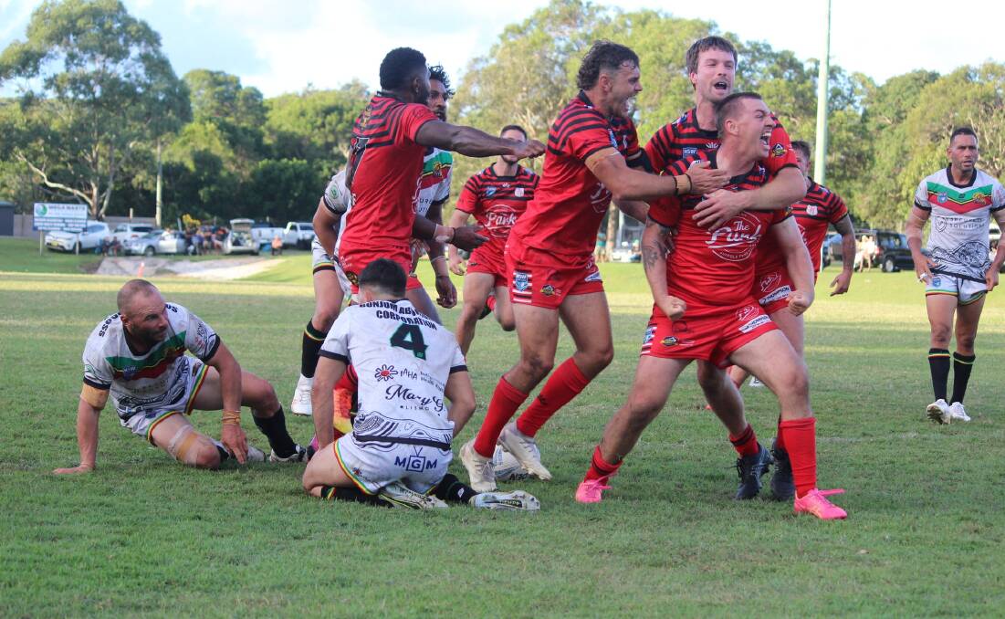 Jack Rogers celebrates his match-winning try against Northern United in NRRRL. Picture by Deb Milgate