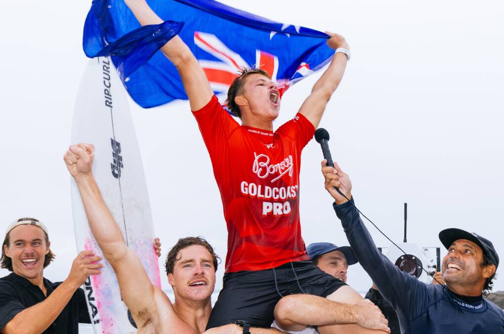 Mikey McDonagh is chaired up the beach at Snapper Rocks after winning the Gold Coast Pro. Picture by WSL/ Cait Miers.