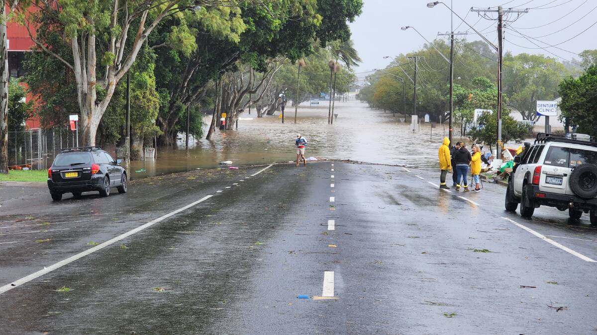 Flood rising on Uralba St near Lismore Square on Wednesday. Picture: Cathy Adams