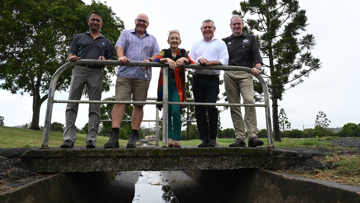 Releasing the first stage of the CSIRO report into flooding on the Northern Rivers are, CSIRO scientist Jai Vaze, Lismore Mayor Steve Krieg, Lismore MP Janelle Saffin, Minister Murray Watt, and Brendan Moon from NEMA. Picture by Cathy Adams