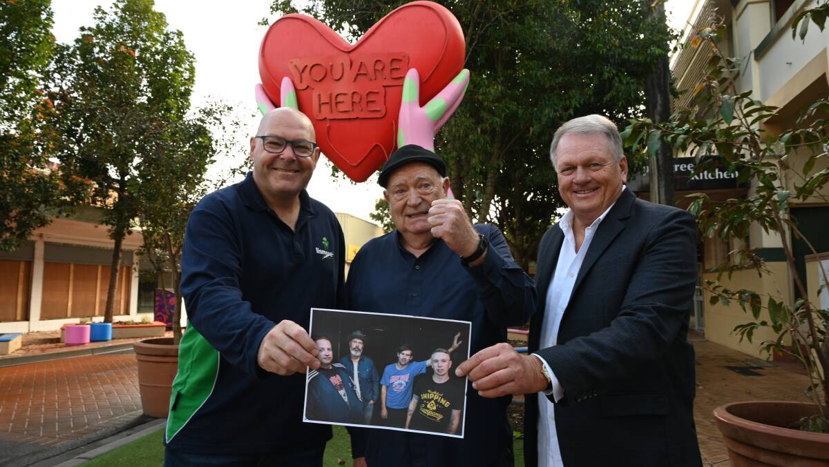 ONE FROM THE HEART: Lismore mayor Steve Krieg, promoter Michael Chugg, and Rick Sleeman announce a free concert to be headlined by Grinspoon for the people of Lismore. Picture: Cathy Adams