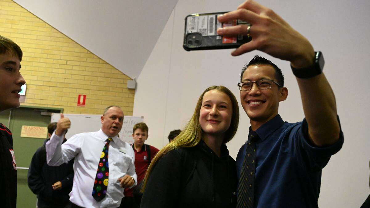 Maths star Eddie Woo takes a selfie with Richmond River High student Myley Ferris, Yr 9. Picture: Cathy Adams