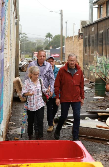 STREET WALK: A file photo of Lismore MP Janelle Saffin, with Page candidate Patrick Deegan, briefing Federal Opposition Leader Anthony Albanese on flood damage in Lismores Central Business District. Picture Supplied