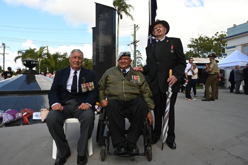 MATES: From left, Jeff Spash, Phillip Consalvo, and Chas Clifford in Lismore for Anzac Day. Picture: Cathy Adams