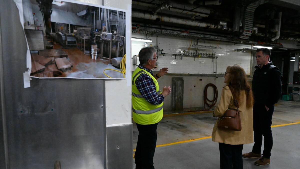 Norco's General Manager of Operations Adrian Kings takes Lismore MP Janelle Saffin and the NSW Labor Leader Chris Minns on a tour of the factory after the floods. Picture: Cathy Adams