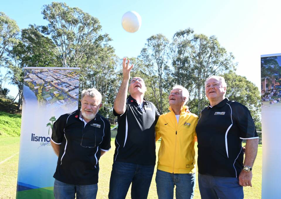 Joeys Mini World Cup director Heinrich Haussler, Lismore mayor Steve Krieg, former Socceroos coach Rale Rasic, and Lismore GM John Walker announce the tournament will be held in Lismore for the next three years. Picture: Cathy Adams