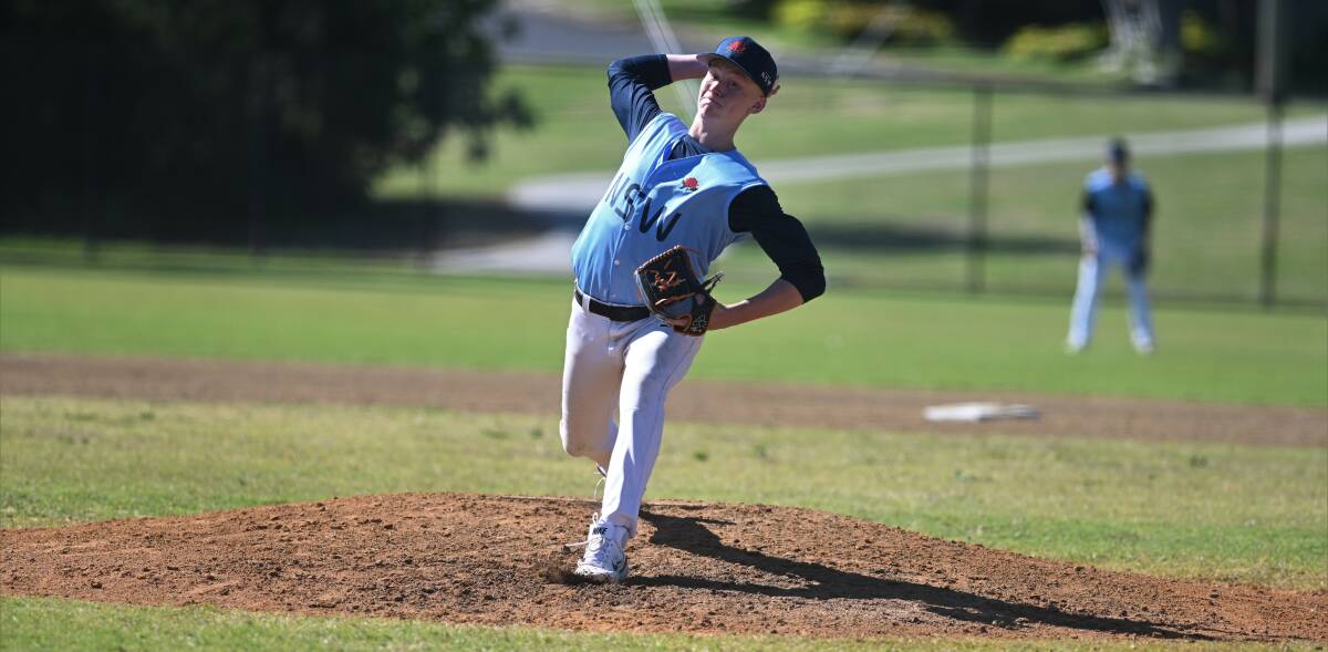 Ethan Bickel pitching for NSW in the School Sport Australia National Baseball Championships. Picture by Cathy Adams