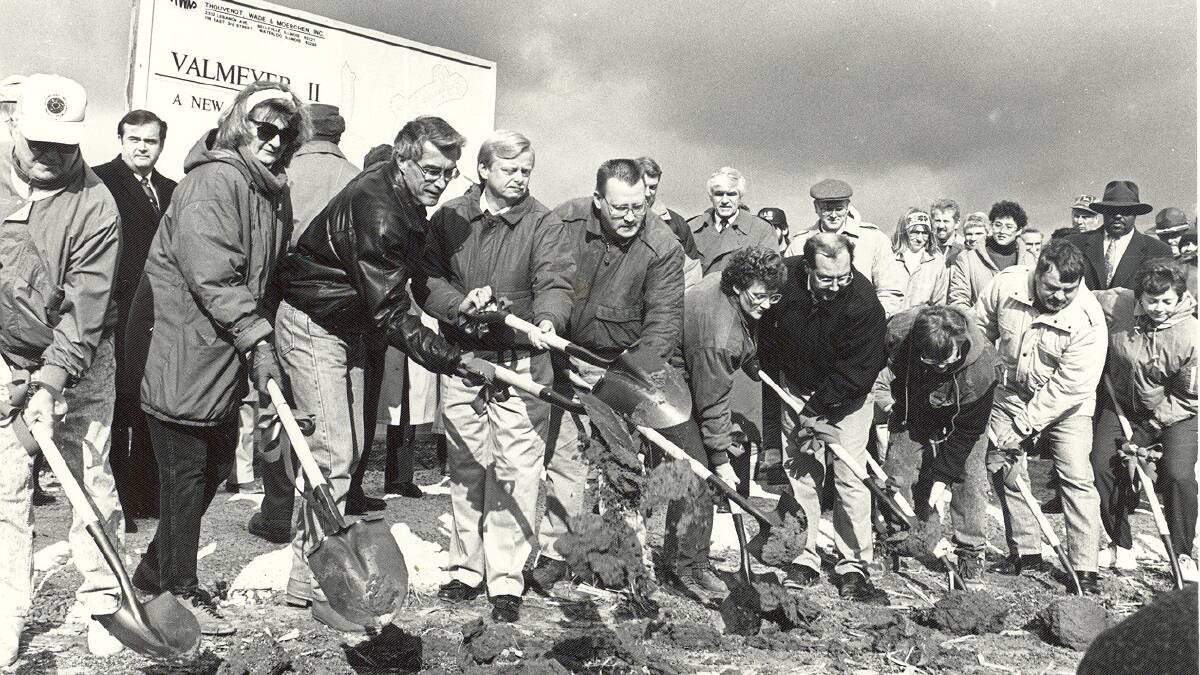 Groundbreaking on the new town site with government officials. Newspaper by Waterloo Republic-Times. Picture courtesy Dennis Knobloch