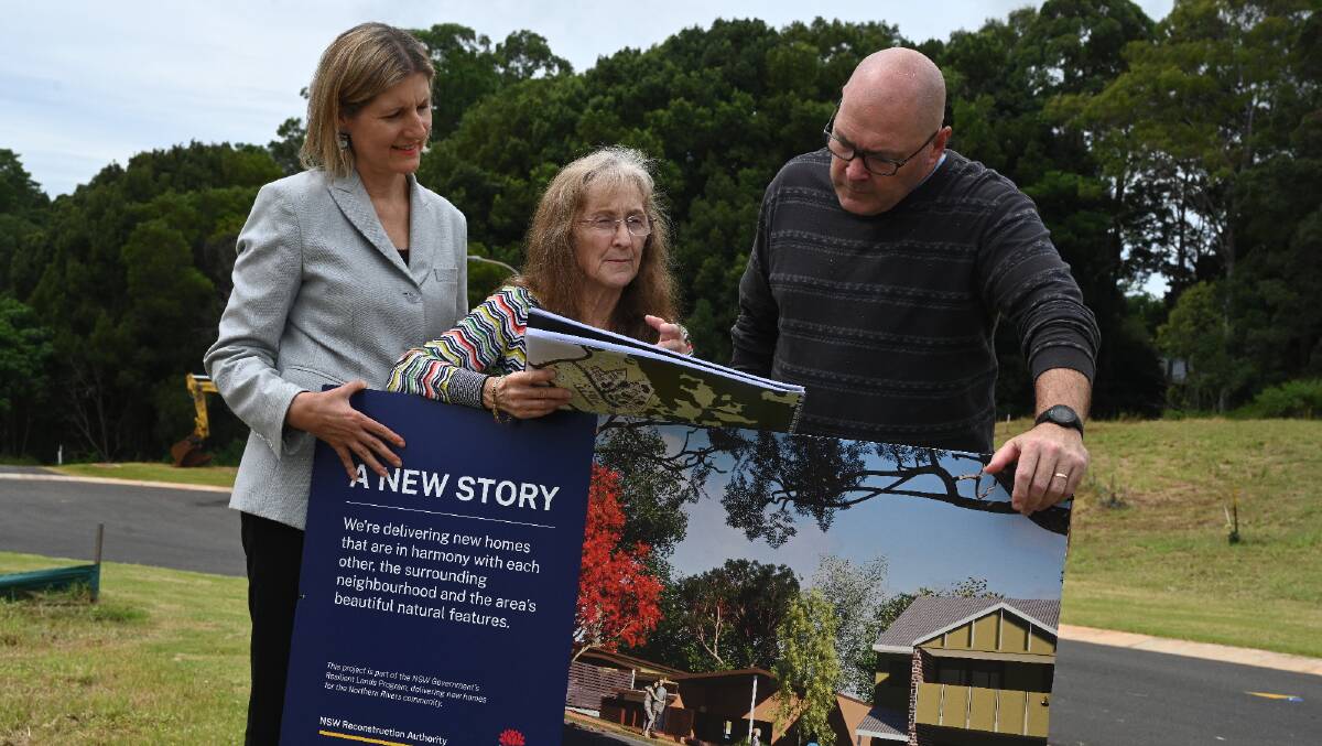 Susie George, Executive Director, NSW Reconstruction Authority, Lismore MP Janelle Saffin and Lismore Mayor Steve Krieg look over plans for the new land release in Goonellabah. Picture by Cathy Adams