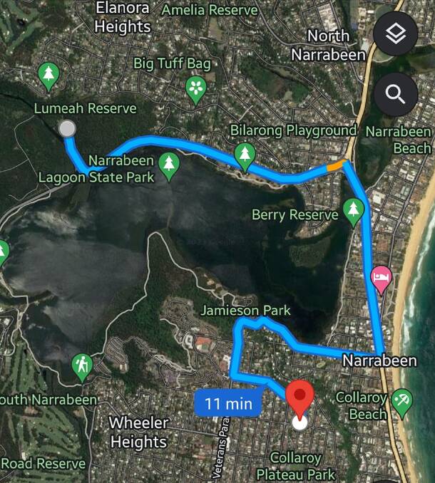 Violet's journey from getting lost at Deep Creek Reserve to being found 6km away near Collaroy Beach. Picture from Find Violet Facebook group.