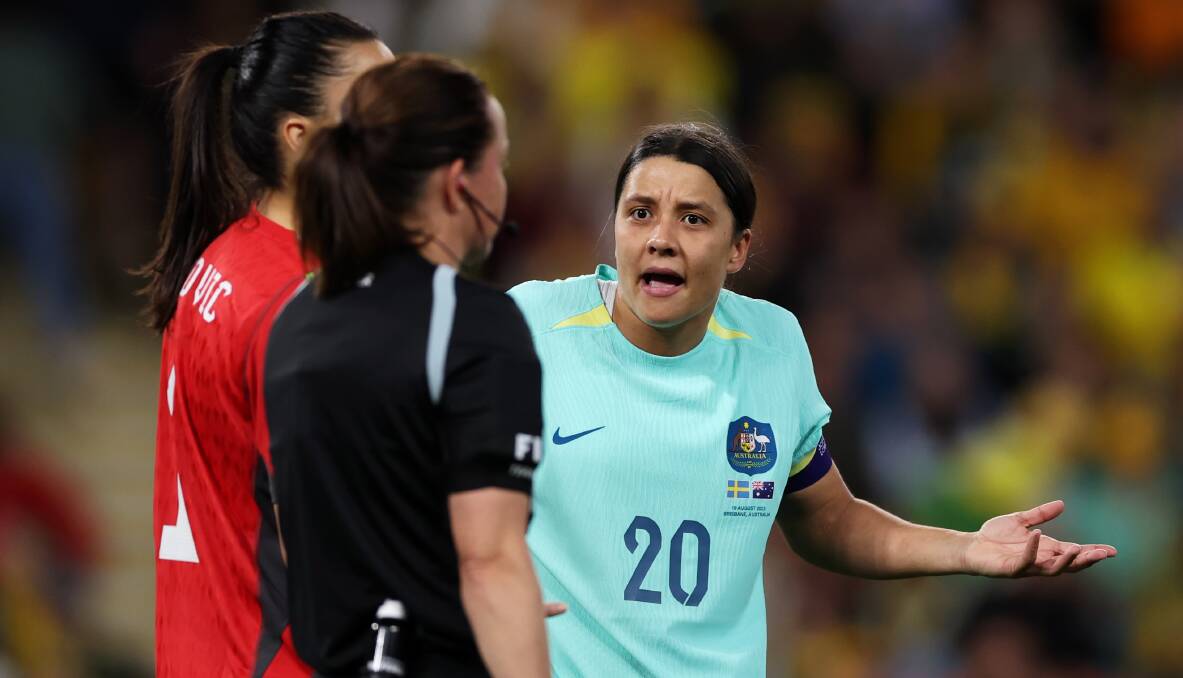 Matildas captain Sam Kerr reactions in frustration after the referee awarded a penalty to Sweden following a VAR review on Saturday night. Picture - Getty Images