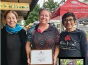 RECOGNITION: Maitland councillor Loretta Baker, Crissy Rowcliff and Slow Food Earth Market Maitland chairwoman Amorelle Dempster. Insert: The late earth market farmer John Clarke.