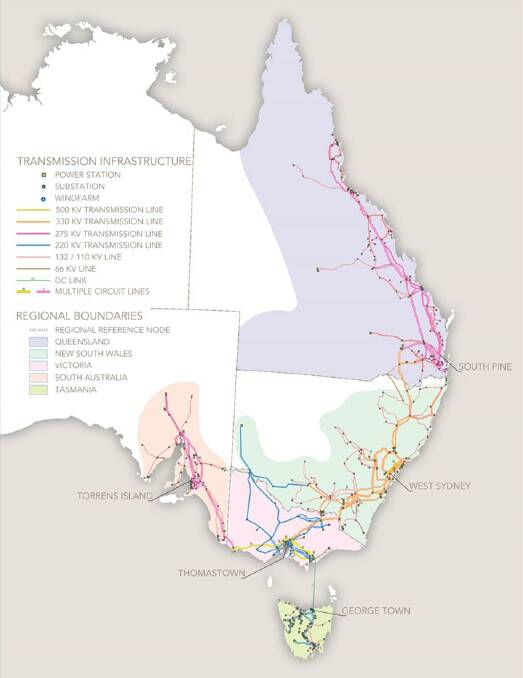 Map of Australias National Electricity Market (NEM) connecting the eastern and southern states. Credit: Australian Energy Market Operator (AEMO).