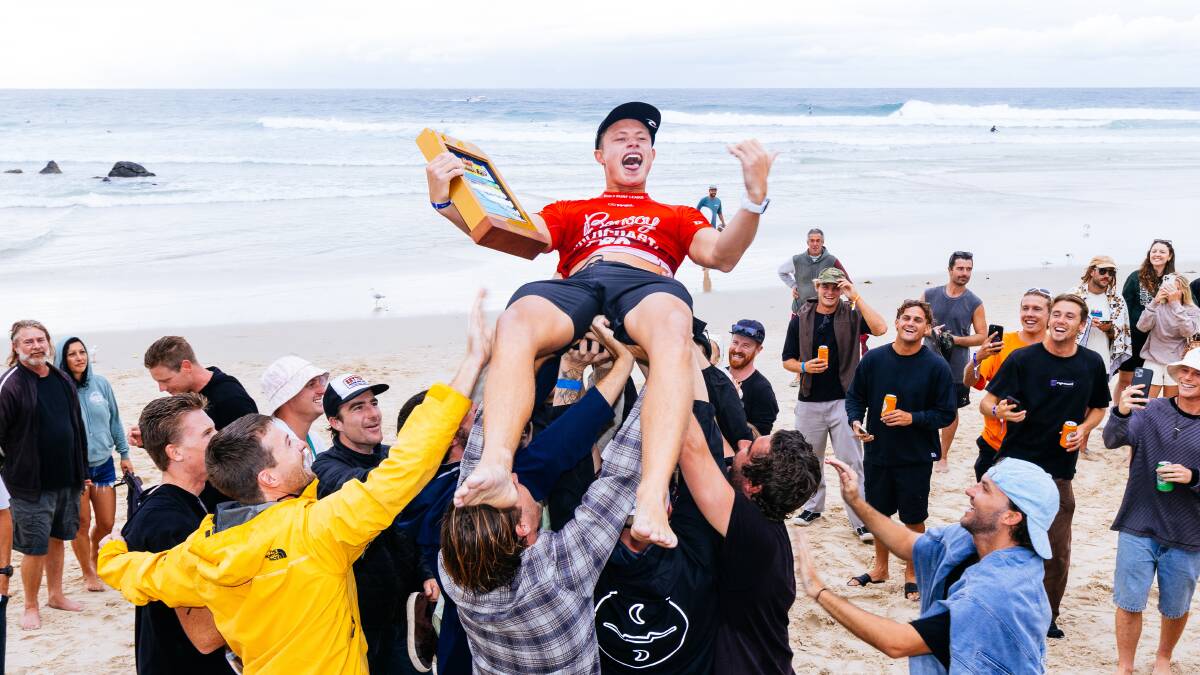Lennox Head surfer Mikey McDonagh celebrates with family and friends after winning the Gold Coast Pro. Pictures by WSL/Cait Miers 