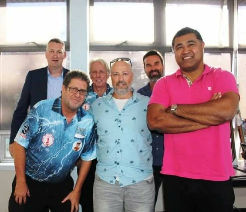 TALL ORDER: John Bancroft and John Eakin with Toutai Kefu (front) and Justin Harrison, Jeff Thomson and Pat Rafter (back) at the Lismore Heights Sports club fundraiser.