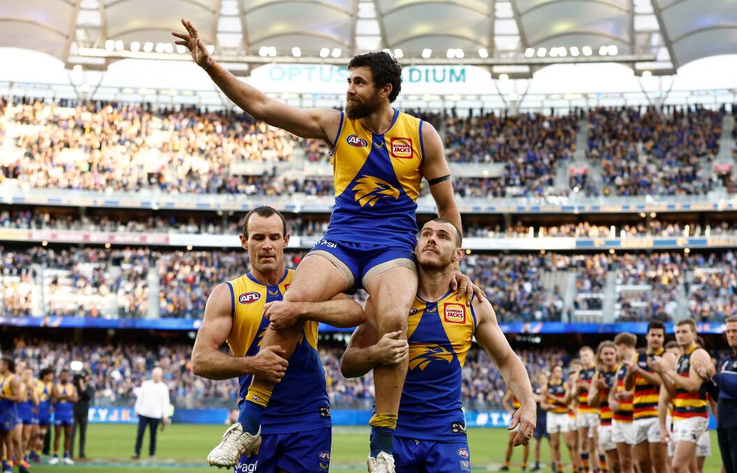 CHAMPION: Josh Kennedy is carried from the field at Optus Stadium in Perth after his farewell game in which he booted eight goals. Picture: Getty Images