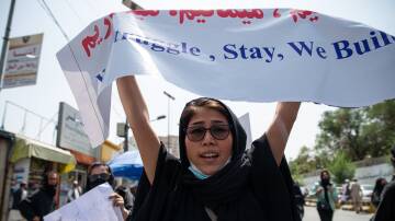 Women protest in the streets of Kabul ahead of the first anniversary of the Taliban returning to power. Picture: Getty Images