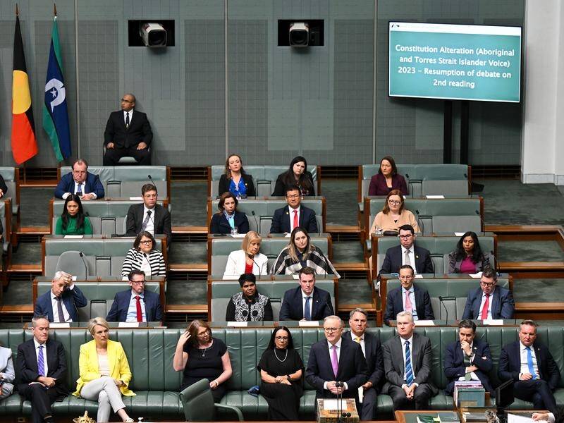 A Newspoll survey shows 46 per cent want an Indigenous voice to parliament in the constitution. (Lukas Coch/AAP PHOTOS)